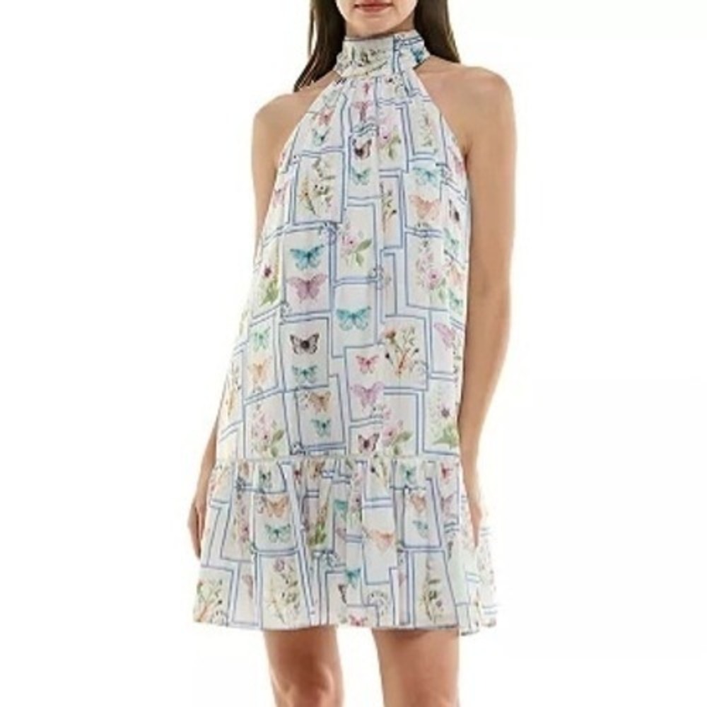 Taylor Mock Neck Butterfly Print Ruffled Hem White Dress Womens Size 4P